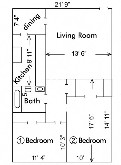 Floor plan for 2 beds, 1 bath, 750 sqft